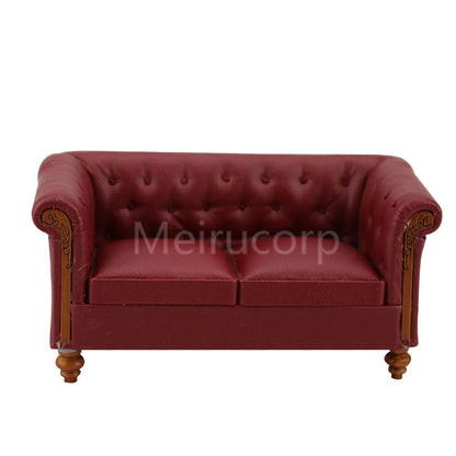 Sofá de salón de cuero sintético rojo en miniatura a escala 1:12, muebles para casa de muñecas