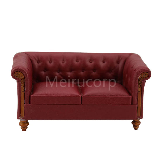 Sofá de salón de cuero sintético rojo en miniatura a escala 1:12, muebles para casa de muñecas
