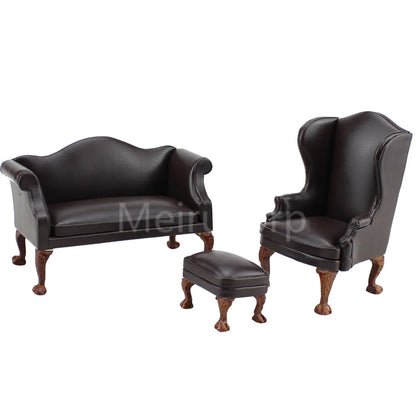 Juego de 3 sillones otomanos de cuero marrón en miniatura a escala 1:12, muebles para casa de muñecas, decoración para sala de estar