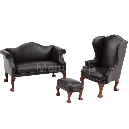 Juego de 3 sillones otomanos de cuero marrón en miniatura a escala 1:12, muebles para casa de muñecas, decoración para sala de estar