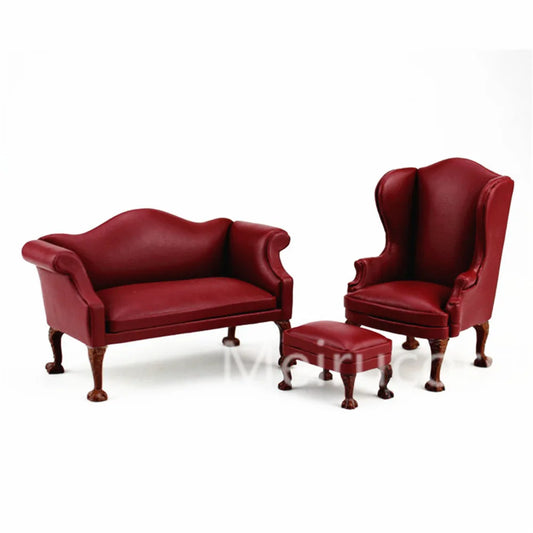 Conjunto de sofá, silla y otomana en miniatura a escala 1:12, muebles Rexine hechos a mano para la sala de estar de la casa de muñecas.