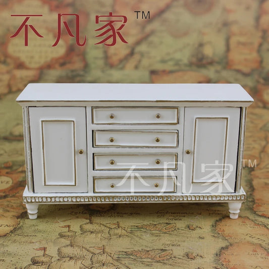 Gabinete de madera en miniatura blanco y dorado hecho a mano a escala 1:12 para muebles de casa de muñecas