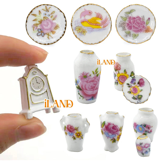 1:12 Scale Miniature Dollhouse Accessories Display Plates Vase With Flower Designs Desk Clock For Doll House