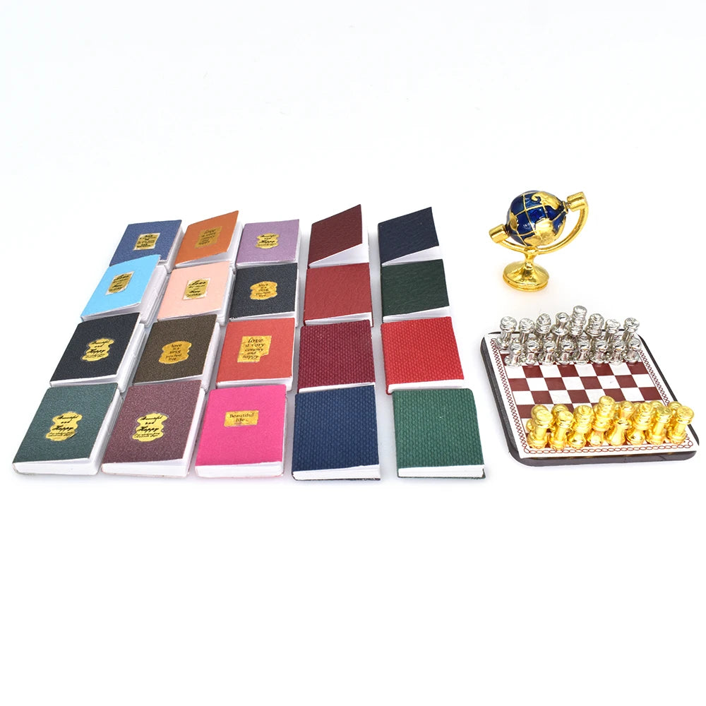 1:12 Scale Miniature Dollhouse Furniture Book Globe Chess Set For Tiny House Mini Toys