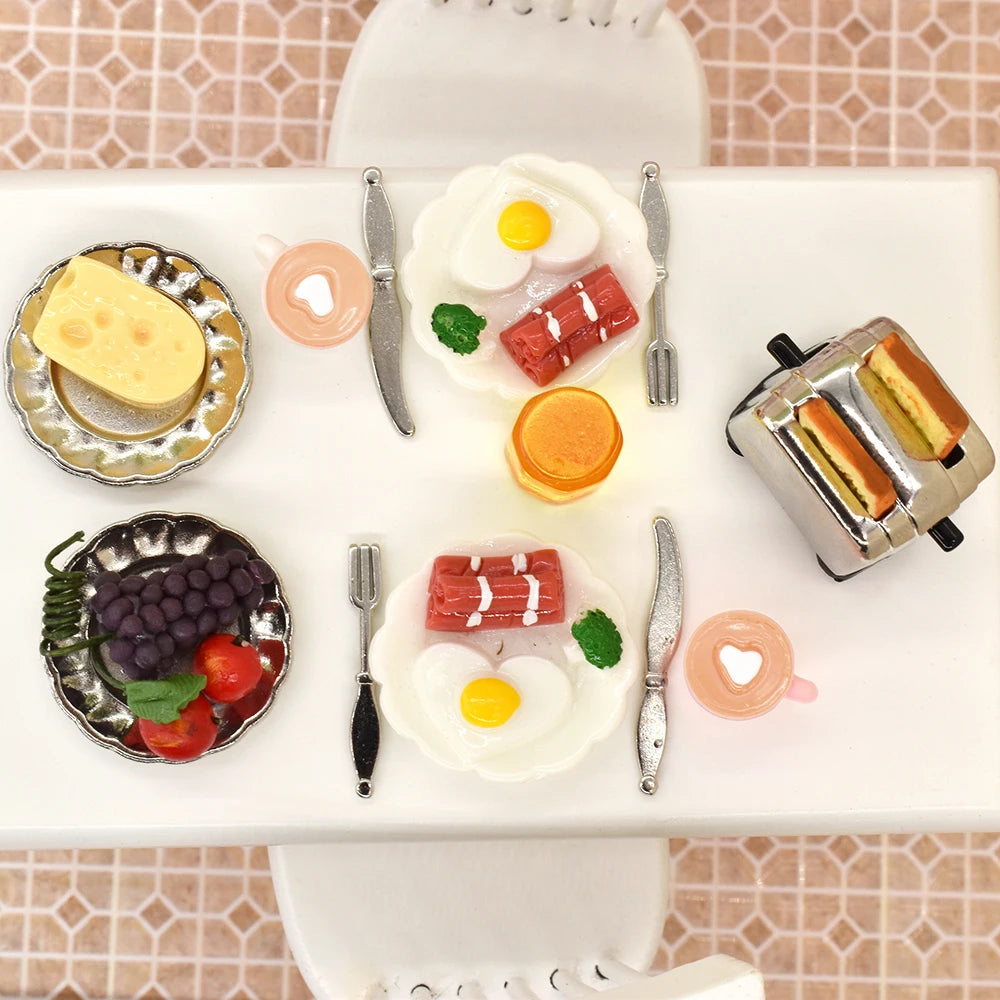 1:12 Scale Miniature Bread Maker With Fruit Egg Coffee Tableware Plate Fork Knife Honey Breakfast Set For Dollhouse Kitchen
