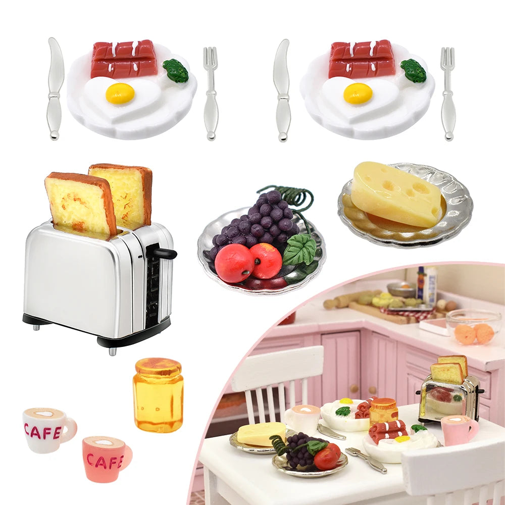 1:12 Scale Miniature Bread Maker With Fruit Egg Coffee Tableware Plate Fork Knife Honey Breakfast Set For Dollhouse Kitchen