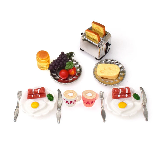 1:12 Scale Miniature Bread Maker With Fruit Egg Coffee Tableware Plate Fork Knife Honey Breakfast Set For Dollhouse Kitchen
