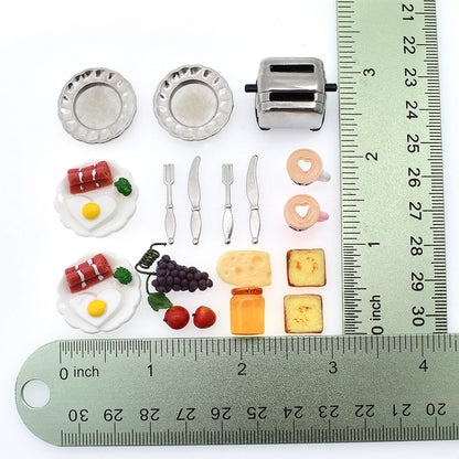 1:12 Scale Miniature Bread Maker With Fruit Egg Coffee Tableware Plate Fork Knife Honey Breakfast Set For Dollhouse Kitchen