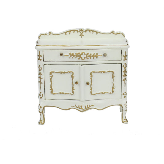 Mueble para pañales de bebé en miniatura, pintado a mano en blanco y dorado, escala 1:12