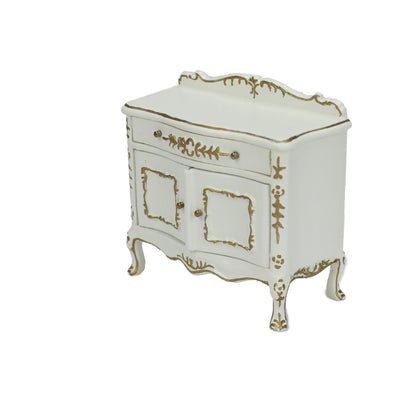 Mueble para pañales de bebé en miniatura, pintado a mano en blanco y dorado, escala 1:12