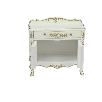 Mueble para pañales de bebé en miniatura, pintado a mano en blanco y dorado, escala 1:12