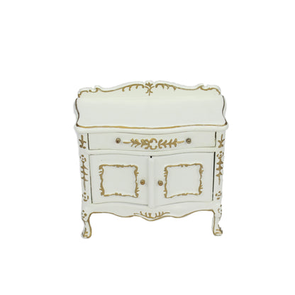 Mueble para pañales de bebé en miniatura, pintado a mano en blanco y dorado, escala 1:12