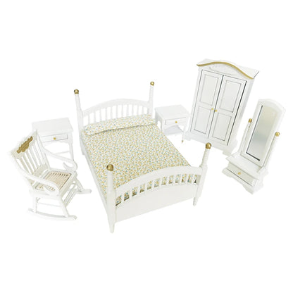 1:12 Scale Miniature Wooden Cabinet Dresser Mirror Bed Chair Dollhouse Furniture Set For Bedroom Decoration