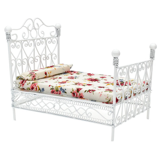 1:12 Scale Miniature Metal Bed With Mattress European Retro Double Bed Dollhouse Furniture Accessories