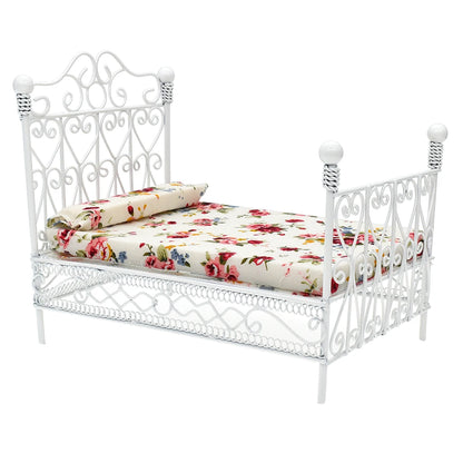 1:12 Scale Miniature Metal Bed With Mattress European Retro Double Bed Dollhouse Furniture Accessories