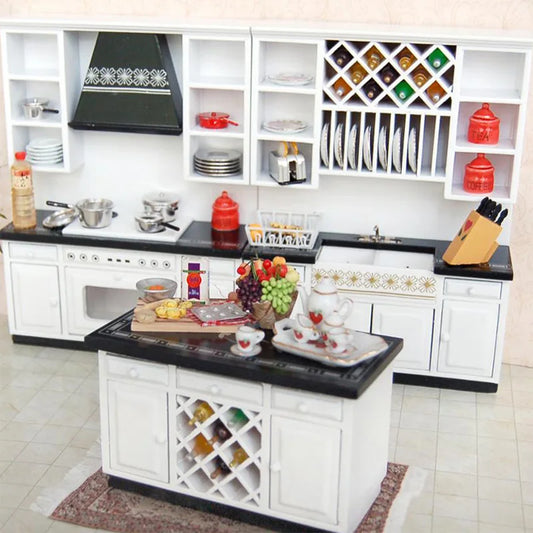 1:12 Scale Miniature Dollhouse Kitchen Cabinet Set Wooden Basin Stove Counter Doll Accessories Tiny House Miniature Furniture