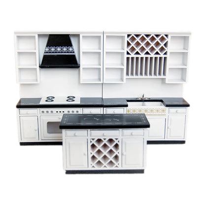 1:12 Scale Miniature Dollhouse Kitchen Cabinet Set Wooden Basin Stove Counter Doll Accessories Tiny House Miniature Furniture