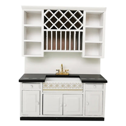 1:12 Scale Miniature Dollhouse Kitchen Cabinet Set Wooden Basin Stove Counter Doll Accessories Tiny House Miniature Furniture