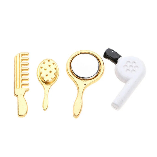 1:12 Scale Miniature Hairdressing Tools Cosmetic Products Mirror Comb Hairdryer For Dollhouse Room Decoration