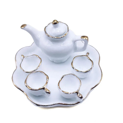 1:12 Scale Miniature Porcelain Tea Set With Tray Cups Mugs Coffee Pot Dishes Dollhouse Kitchen Accessories