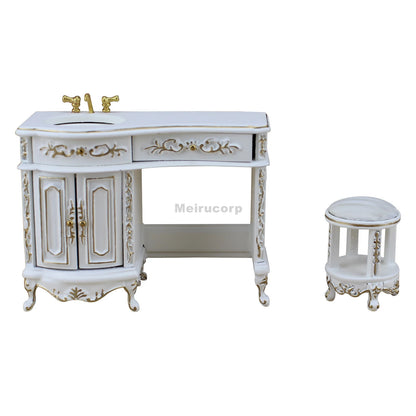 Conjunto de lavabo y taburete en miniatura blanco a escala 1:12 para muebles de casa de muñecas.