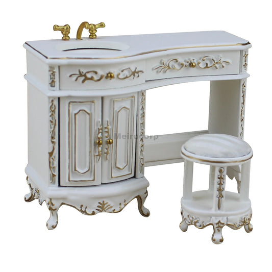 1:12 Scale Miniature White Wooden Bathroom Vanity and Stool Set for Dollhouse