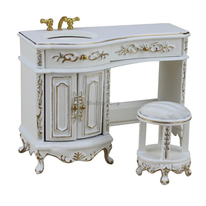 Conjunto de lavabo y taburete en miniatura blanco a escala 1:12 para muebles de casa de muñecas.