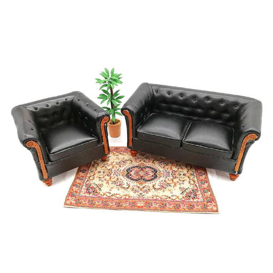 1:12 Scale Miniature Black Leather Sofa Set For Dollhouse Living Room Furniture Accessories