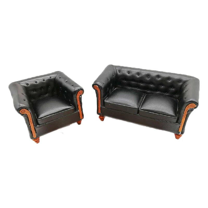 1:12 Scale Miniature Black Leather Sofa Set For Dollhouse Living Room Furniture Accessories