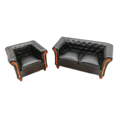 1:12 Scale Miniature Black Leather Sofa Set For Dollhouse Living Room Furniture Accessories