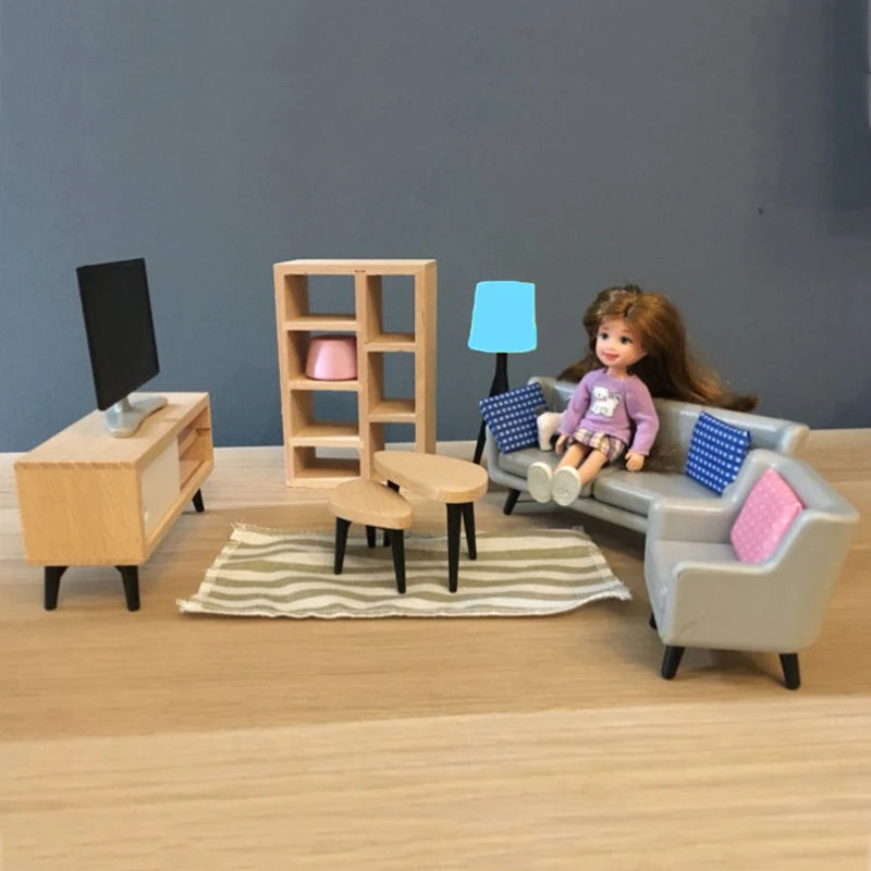 1:12 Scale Miniature TV Stand Bench Table Floor Lamp Set For Dollhouse Living Room Decor