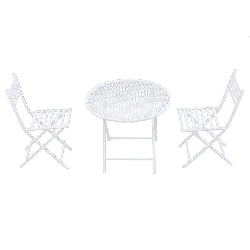 1:12 Scale Miniature White Iron Patio Table With 2 Chairs Leisure Dollhouse Furniture For Living Room Garden Play Room