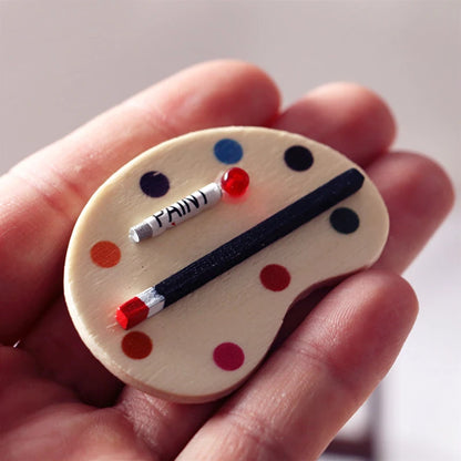 Paleta de pintura y pincel para artistas en miniatura a escala 1:12, accesorio para casa de muñecas