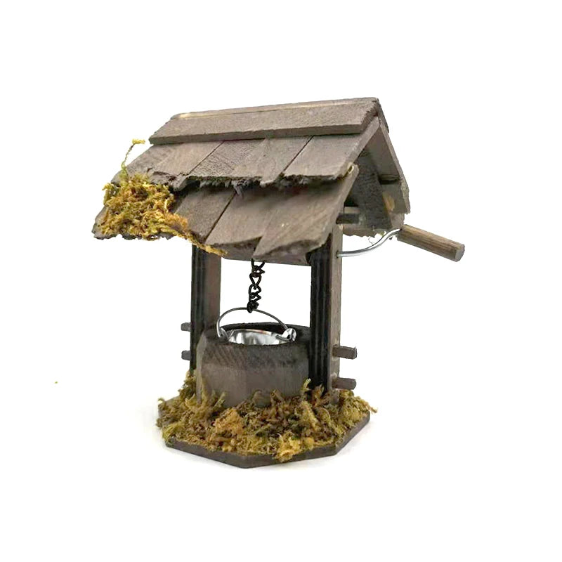 1:12 Scale Miniature Wooden Wheeled Well For Dollhouse Courtyard Garden Decor