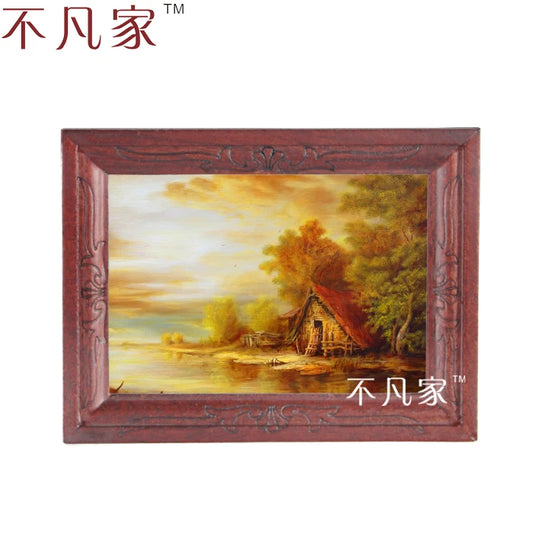 Pintura al óleo de casa de muñecas en miniatura a escala 1:12 con marco de paisaje rústico, decoración de pared