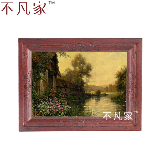 Decoración de casa de muñecas en miniatura a escala 1:12: Pintura al óleo clásica de un arroyo de pueblo con marco