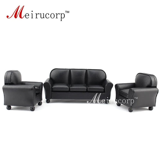 Juego de 3 sofás y sillas de cuero negro en miniatura a escala 1:12 para casa de muñecas, muebles de salón.