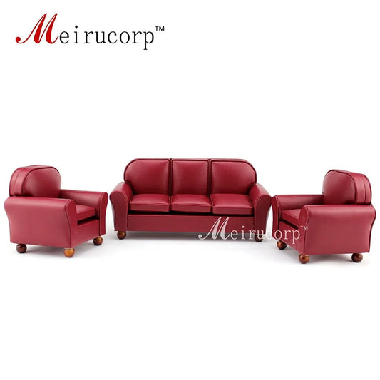 Juego de 3 sofás y sillas de cuero rojo en miniatura a escala 1:12, muebles para casa de muñecas, decoración para sala de estar