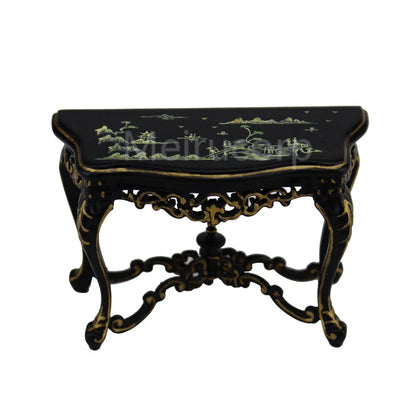 Mesa auxiliar de mano bien pintada de negro a escala 1:12, muebles de casa de muñecas en miniatura