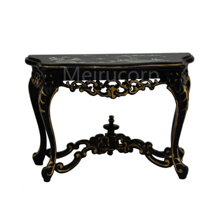 Mesa auxiliar de mano bien pintada de negro a escala 1:12, muebles de casa de muñecas en miniatura
