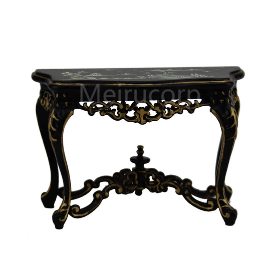 Mesa auxiliar de mano bien pintada de negro a escala 1:12, muebles de casa de muñecas en miniatura