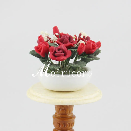 Decoración de arreglo floral rojo para casa de muñecas en miniatura a escala 1:12