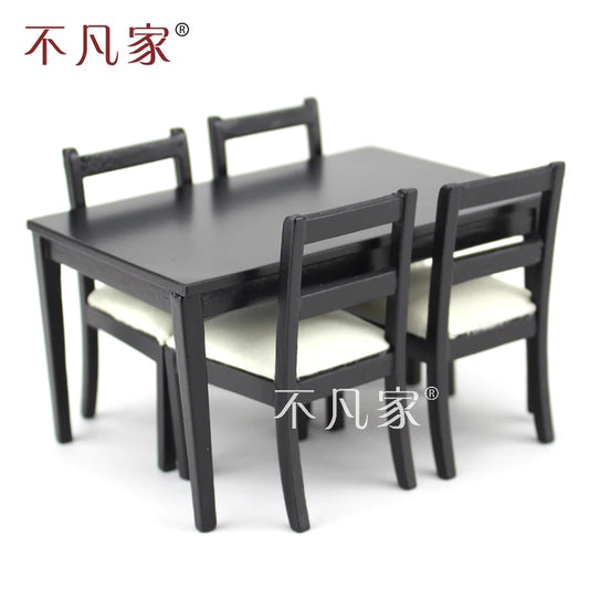 Juego de muebles para casa de muñecas a escala 1:12: mesa de comedor de madera en miniatura y 4 sillas