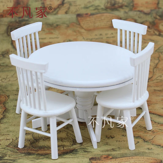 Conjunto de muebles para casa de muñecas a escala 1:12: mesa redonda blanca y sillas