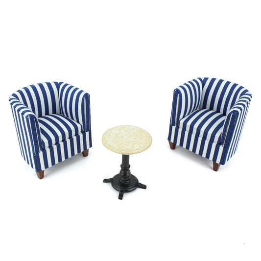Conjunto de muebles para casa de muñecas a escala 1:12: sillas de tela a rayas y mesa redonda