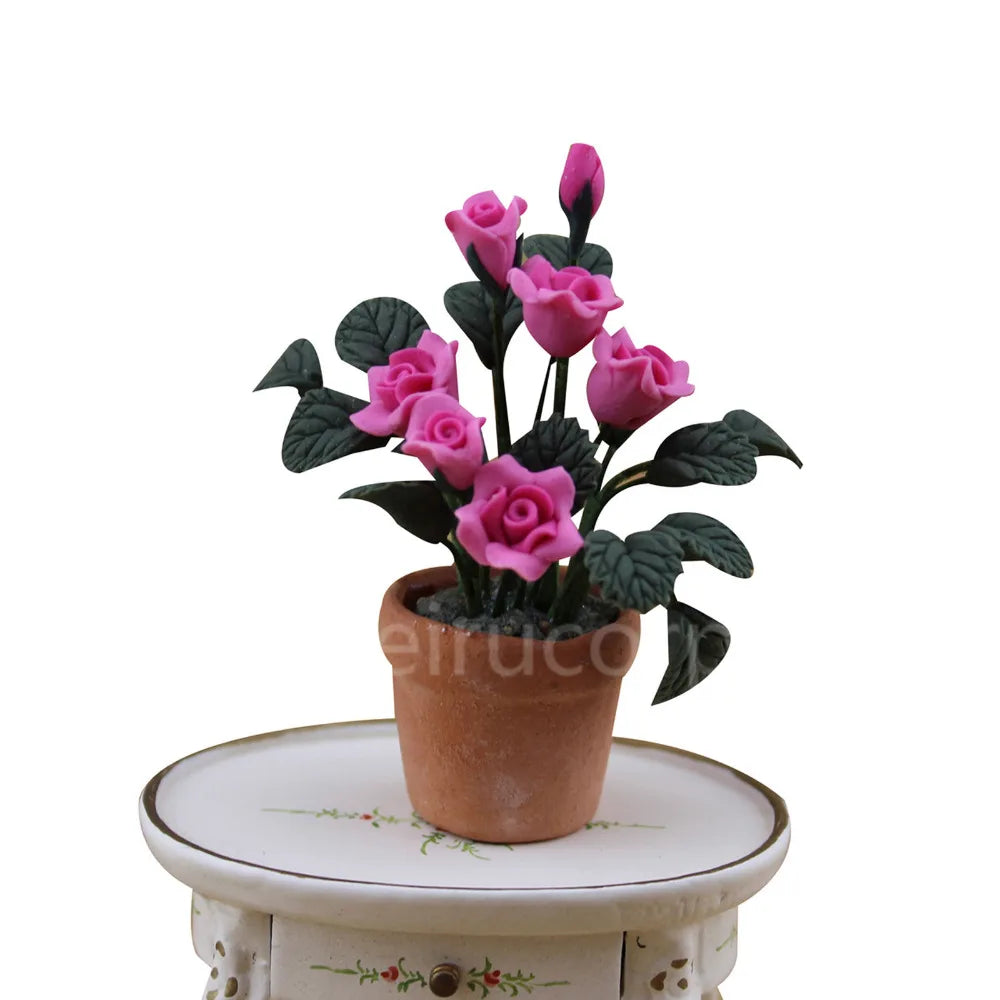 Maceta rosa para decoración de casa de muñecas en miniatura a escala 1:12