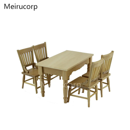 Comedor de madera para casa de muñecas a escala 1:12: mesa y 4 sillas para decoración del hogar en miniatura.