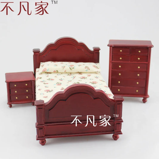 Ensemble de meubles de chambre à coucher en bois faits à la main à l'échelle 1:12, accessoires miniatures pour maison de poupée