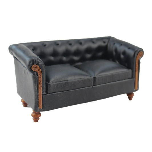 1:12 Scale Miniature Dollhouse Handmade Black Faux Leather Sofa Furniture