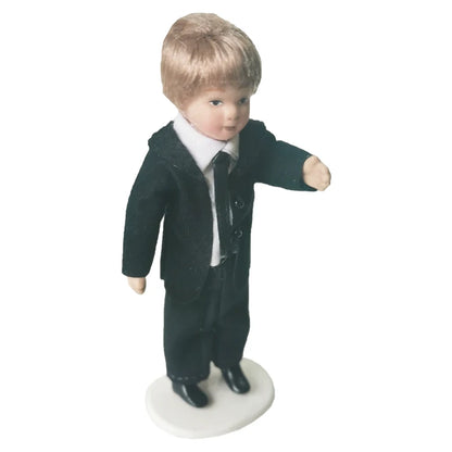 1:12 Scale Miniature Porcelain Doll Pretty Little Boy In Black Suit Dollhouse Model